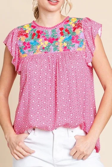 Embroidered Top with Ruffle Sleeves- Fuchsia