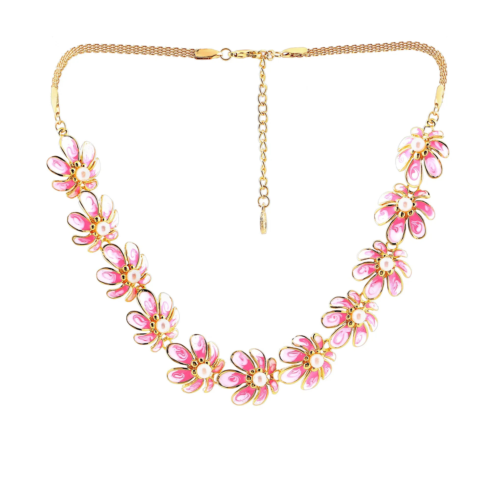 Estele Gold Pink Floral Necklace Jewellery Set for Women