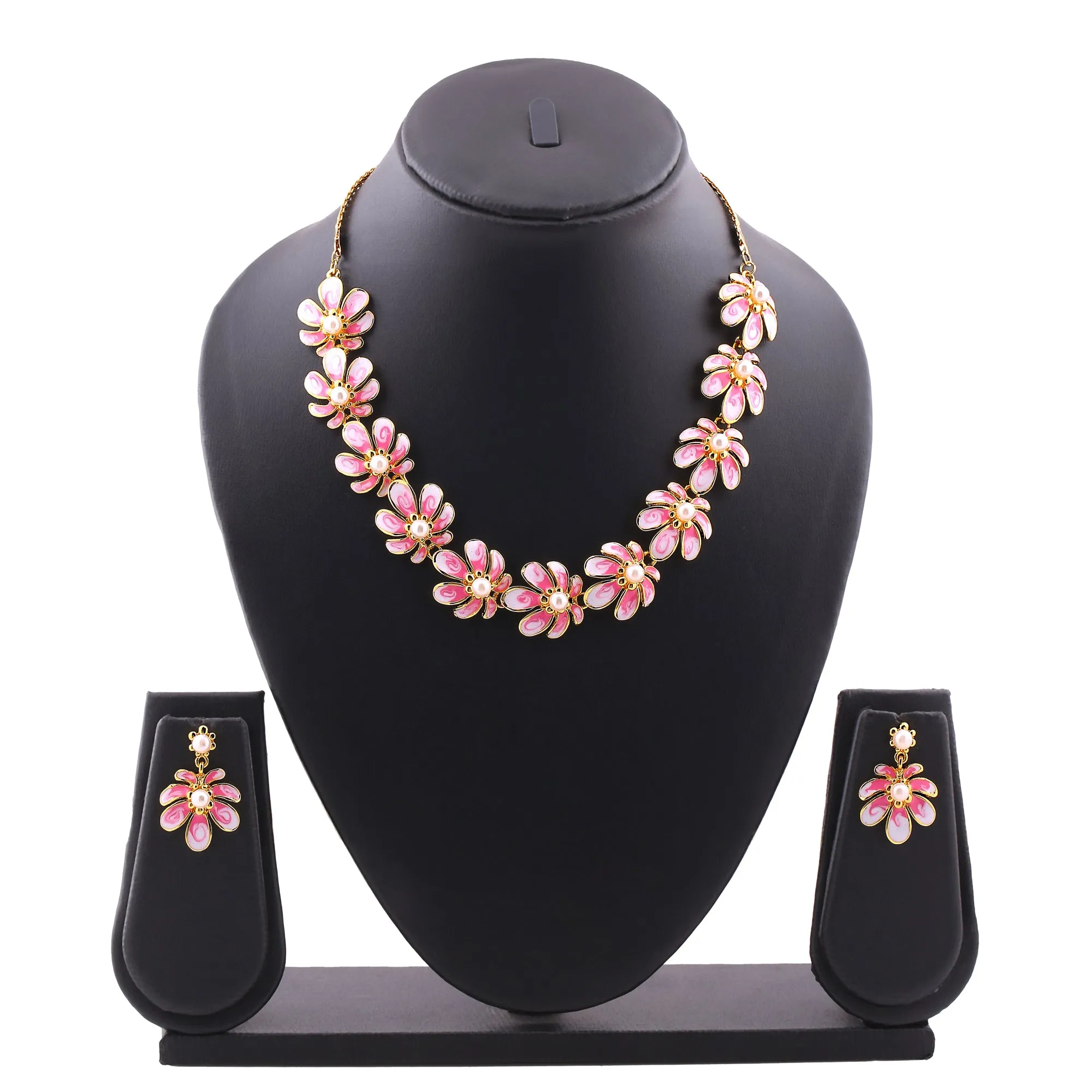 Estele Gold Pink Floral Necklace Jewellery Set for Women