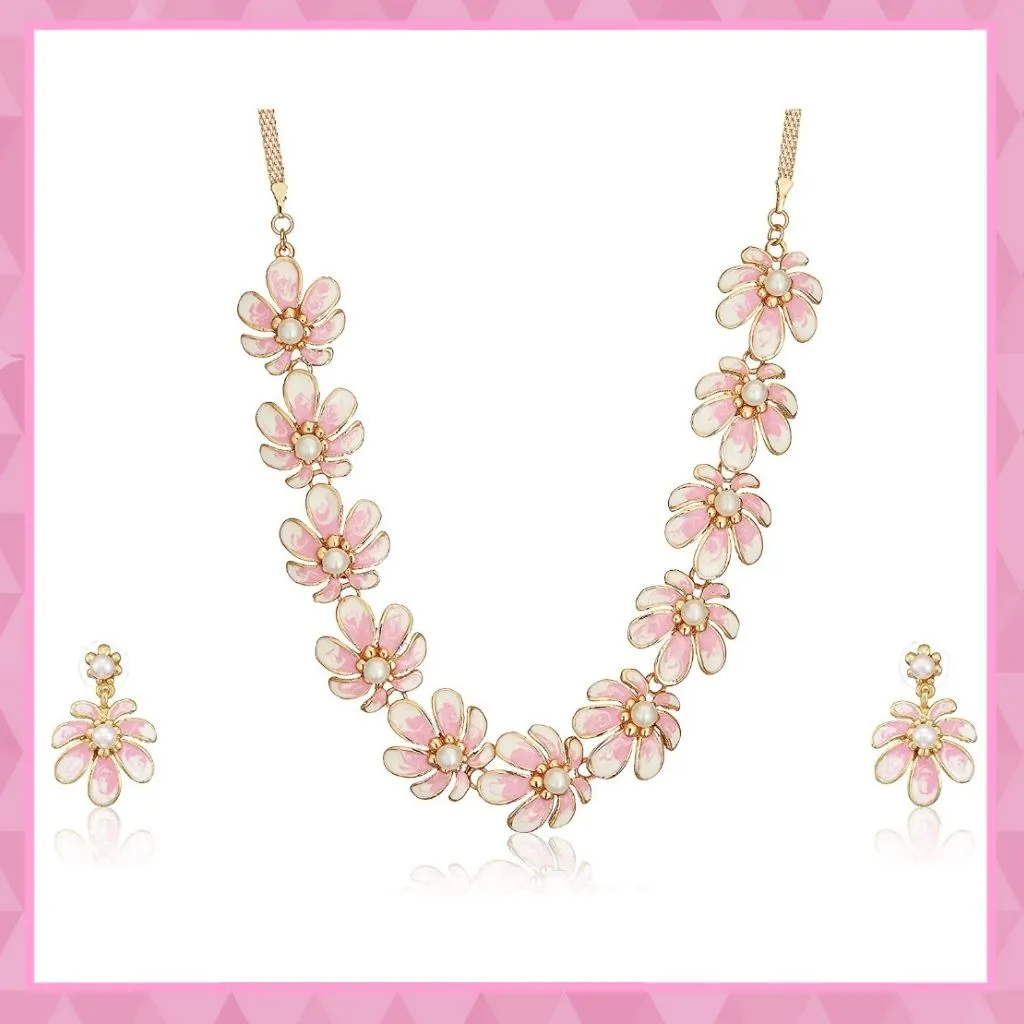 Estele Gold Pink Floral Necklace Jewellery Set for Women