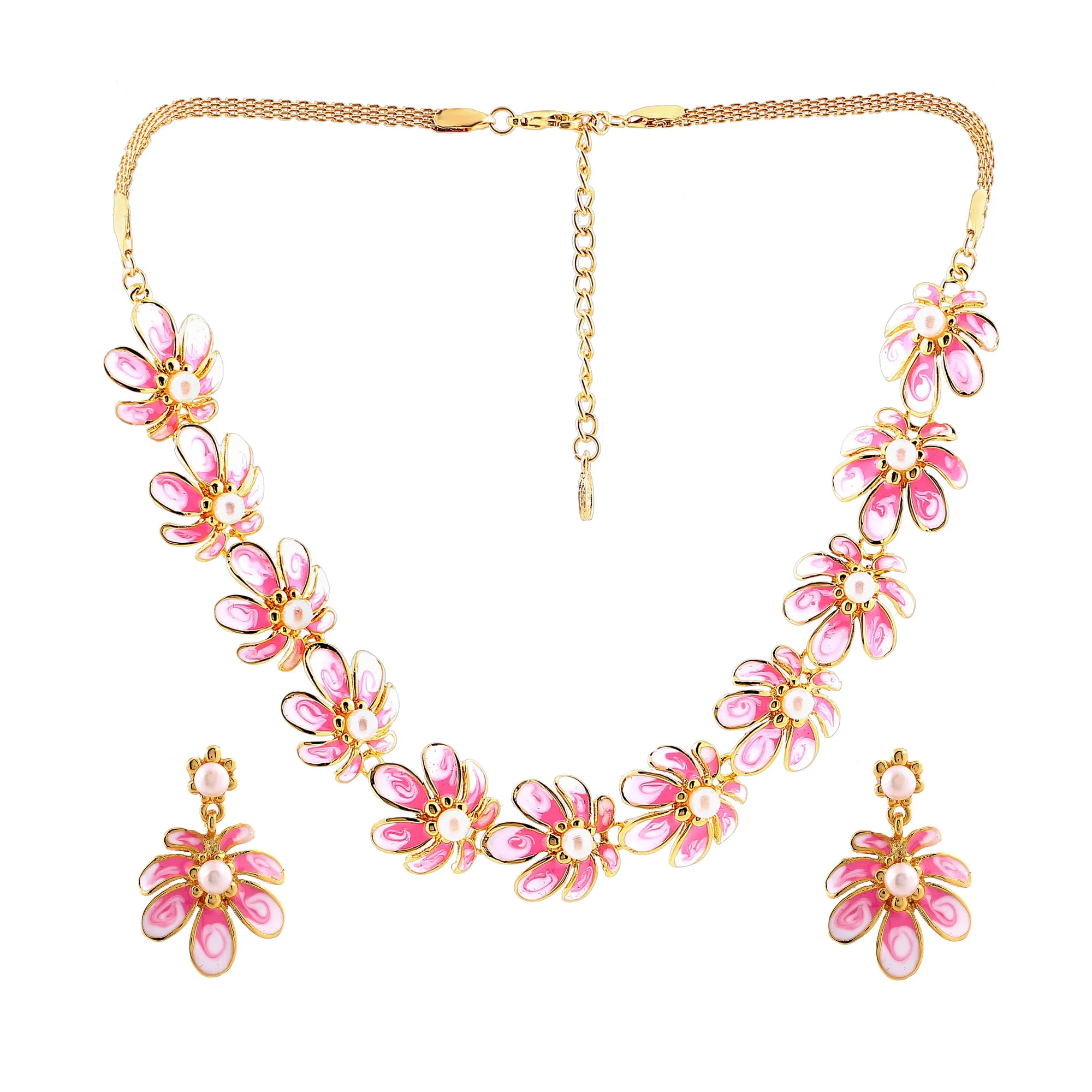 Estele Gold Pink Floral Necklace Jewellery Set for Women