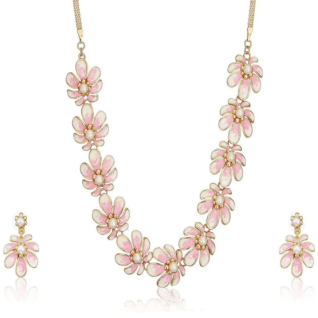 Estele Gold Pink Floral Necklace Jewellery Set for Women