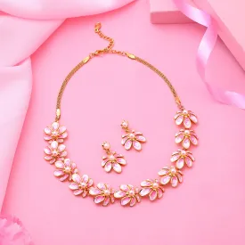 Estele Gold Pink Floral Necklace Jewellery Set for Women