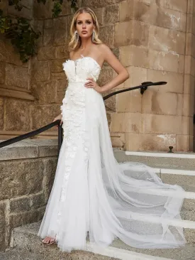 Floral Applique Mesh Insert Mermaid Hem Tube Wedding Dress