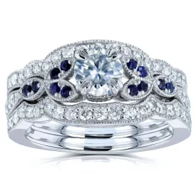 Floral Round Moissanite Double Band Bridal Set with Diamond and Sapphire 1 CTW 14k White (DEF/VS, GH/I, Blue)