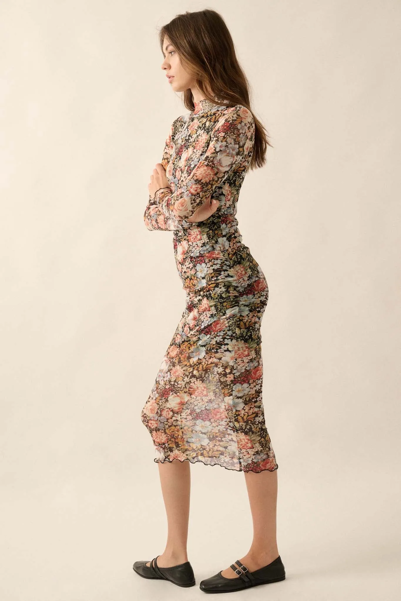 Flowering Fall Floral Mesh Mock-Neck Midi Dress