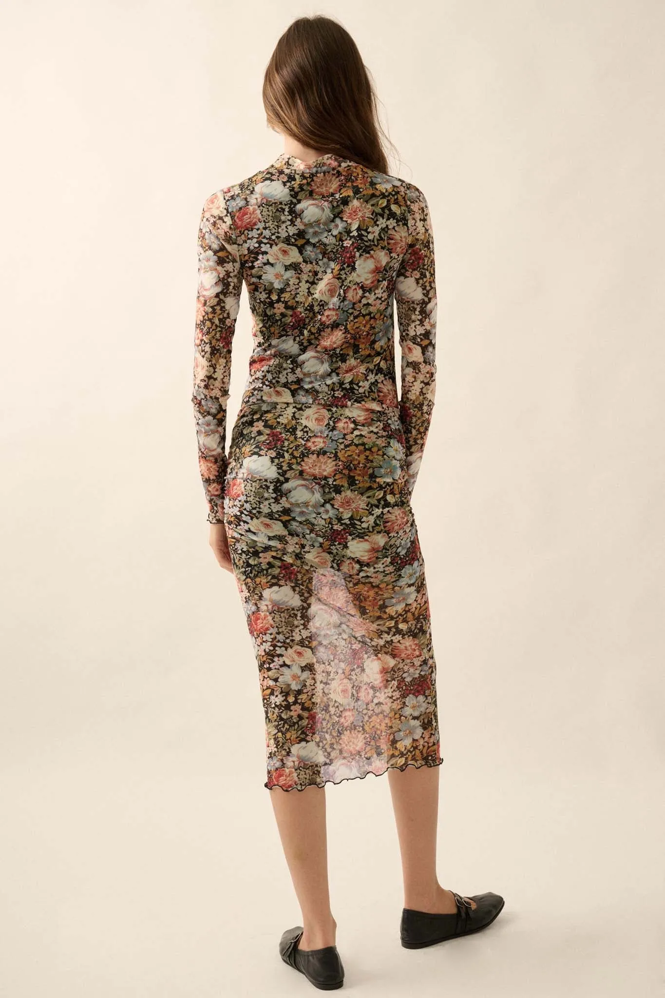 Flowering Fall Floral Mesh Mock-Neck Midi Dress