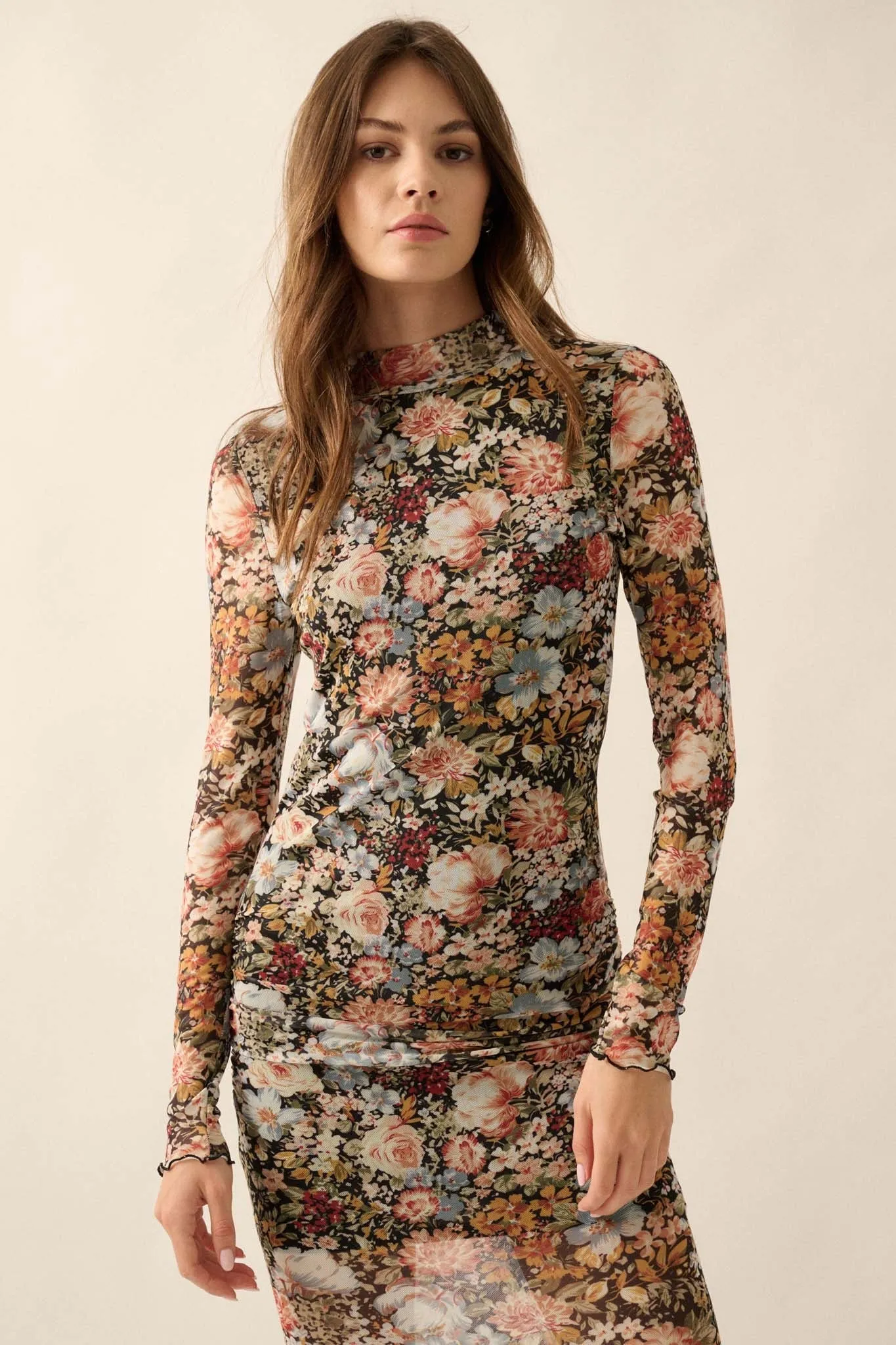 Flowering Fall Floral Mesh Mock-Neck Midi Dress