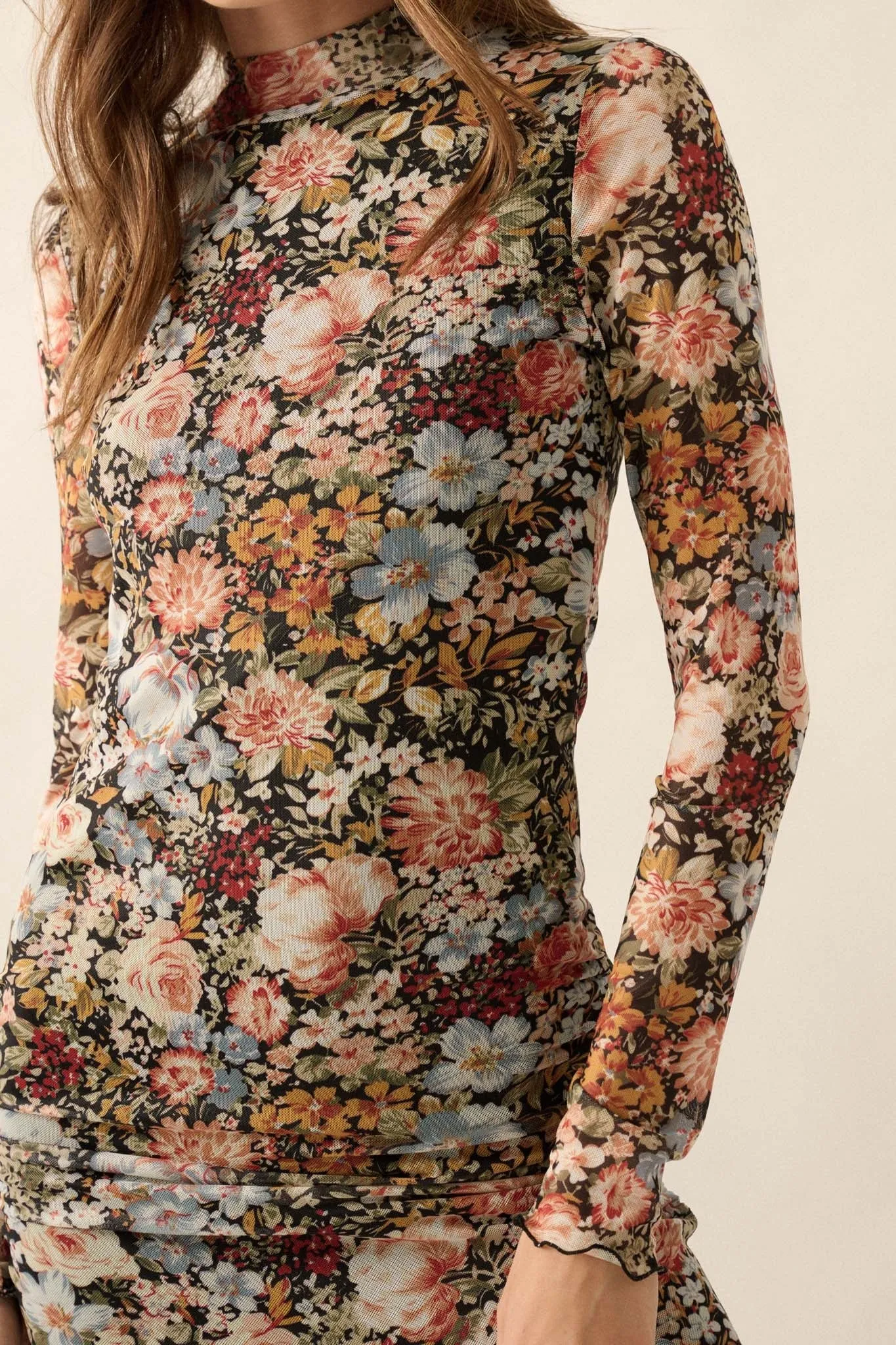 Flowering Fall Floral Mesh Mock-Neck Midi Dress