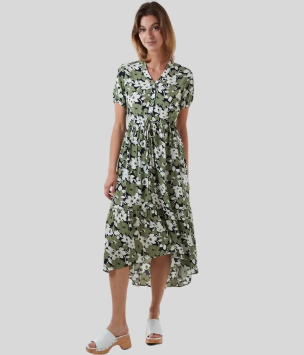 Green Floral Dipped Hem Dress