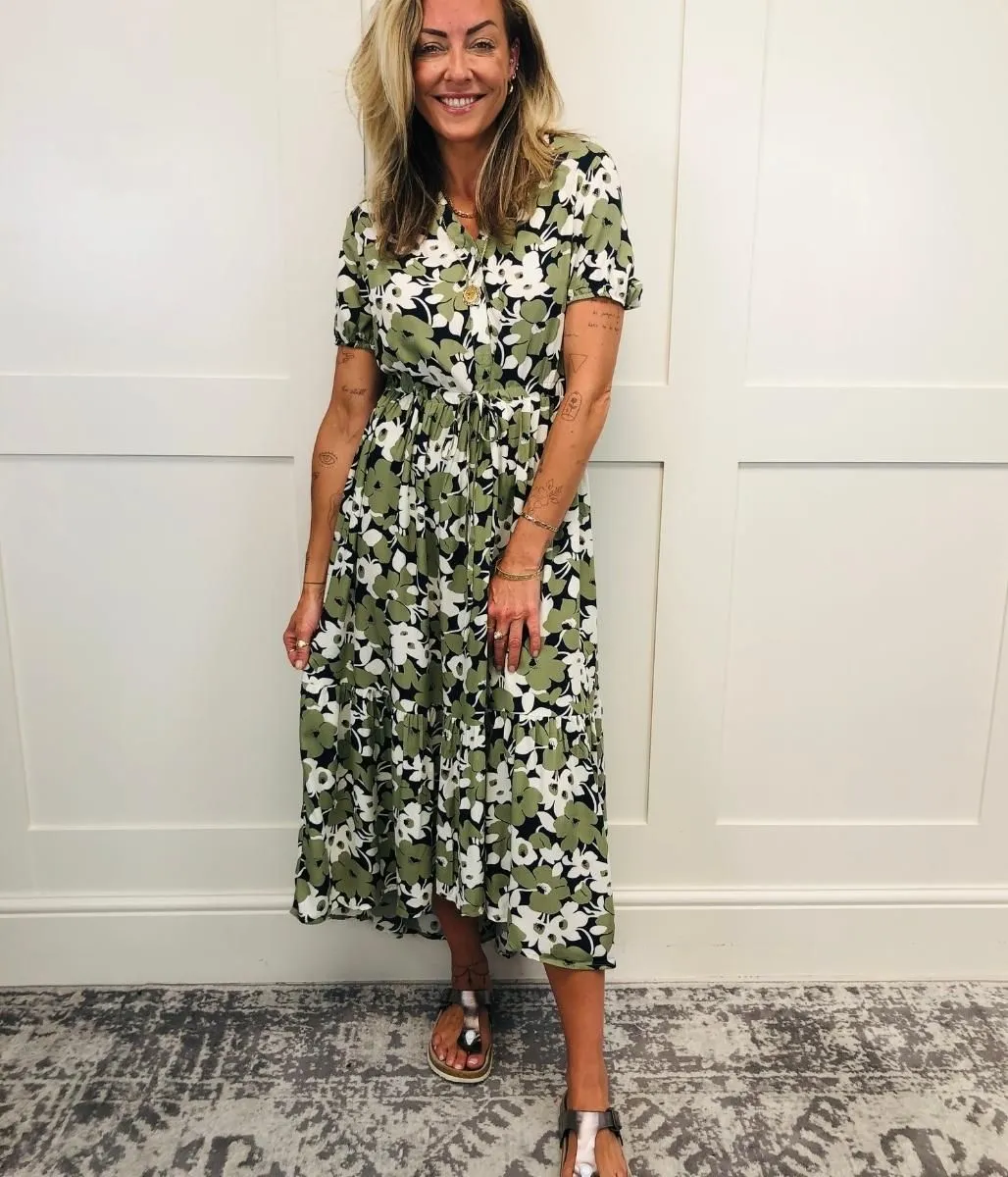 Green Floral Dipped Hem Dress