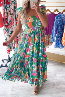 Green Floral Print Sleeveless Ruffle Tiered Maxi Dress