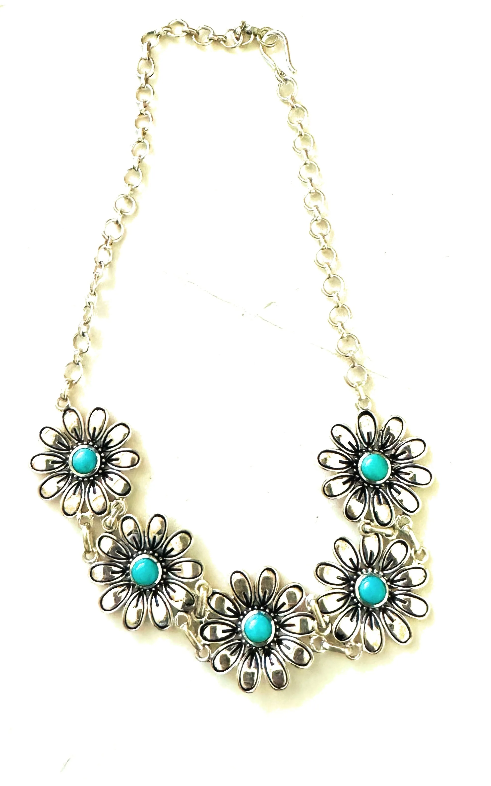 Handmade Turquoise & Sterling Silver Beaded Flower Necklace