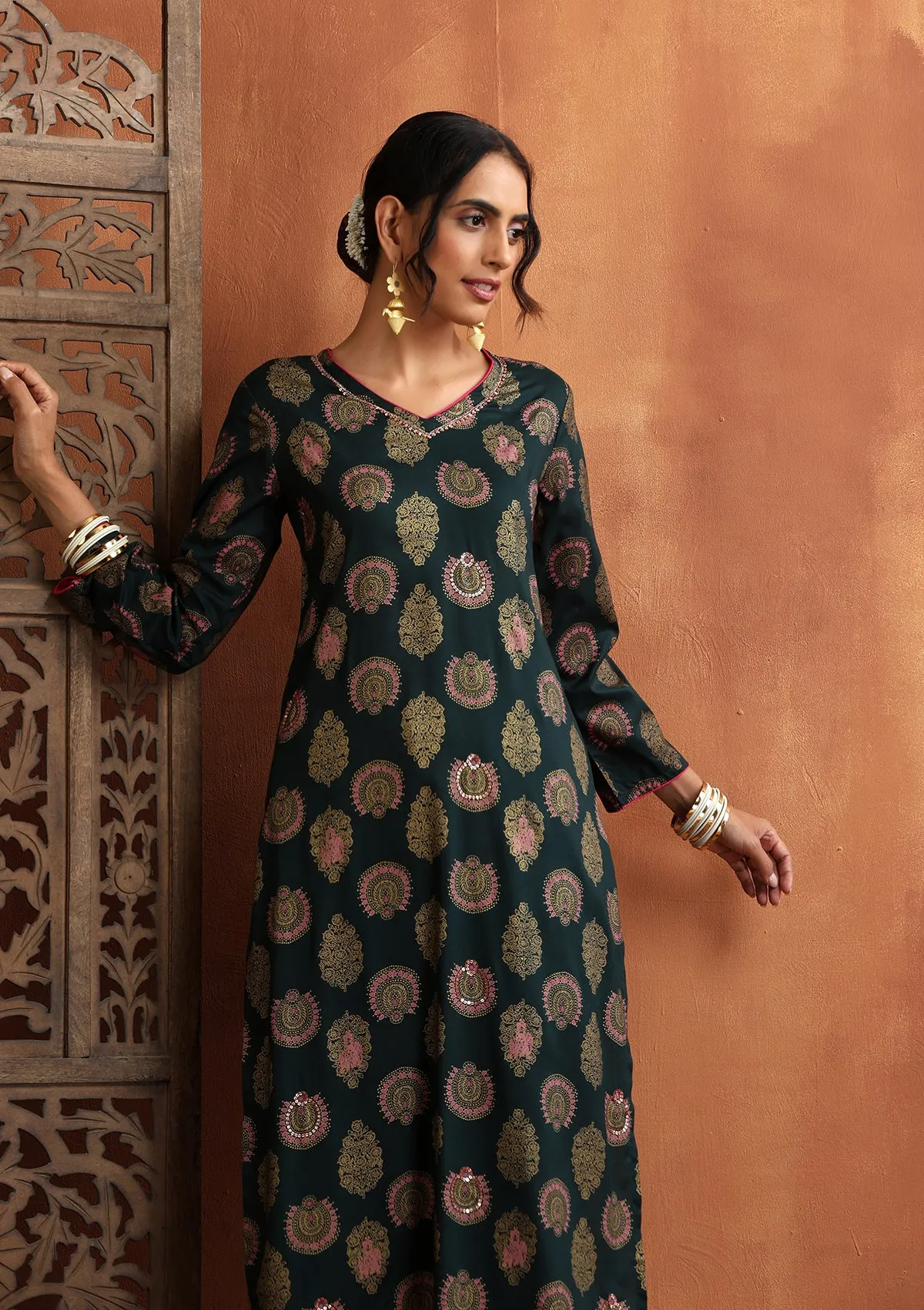 HOC Crafts Rayon Hand Embroidered Printed Women's Long Kurta - Green