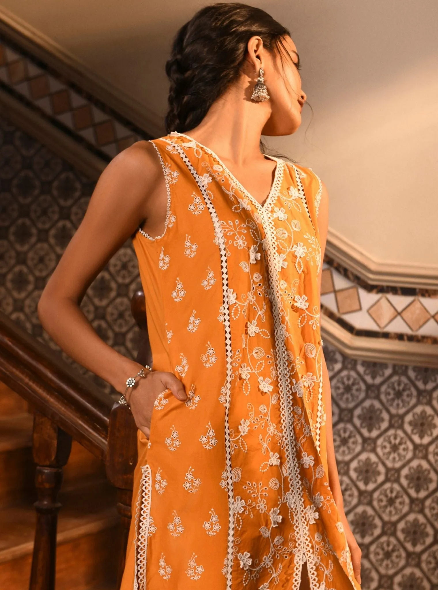 Mulmul Cotton Ensi Orange Kurta With Mulmul Cotton Round Hem Organza Panel White Pant