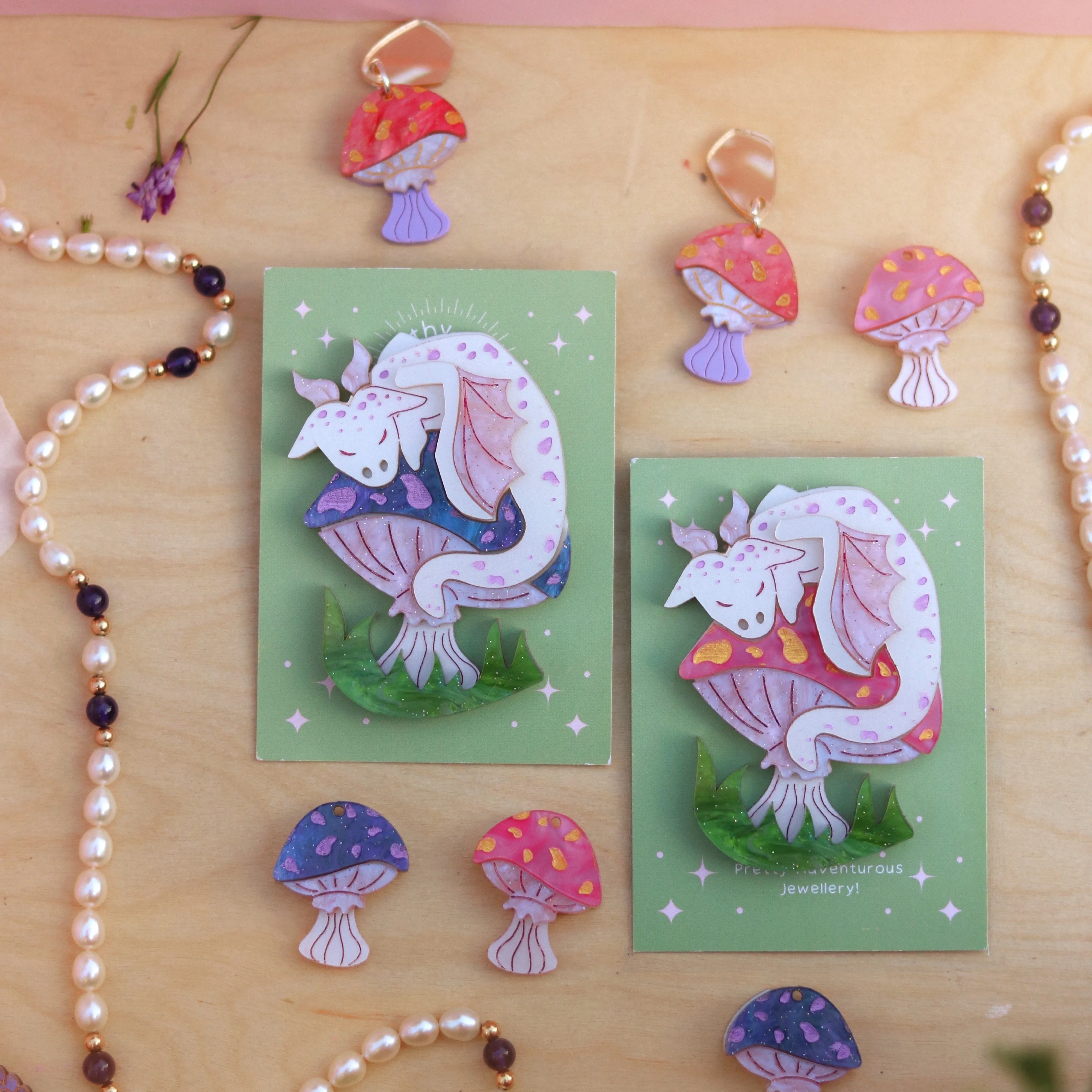 Mushroom Dragon (white and pink) Brooch or Necklace