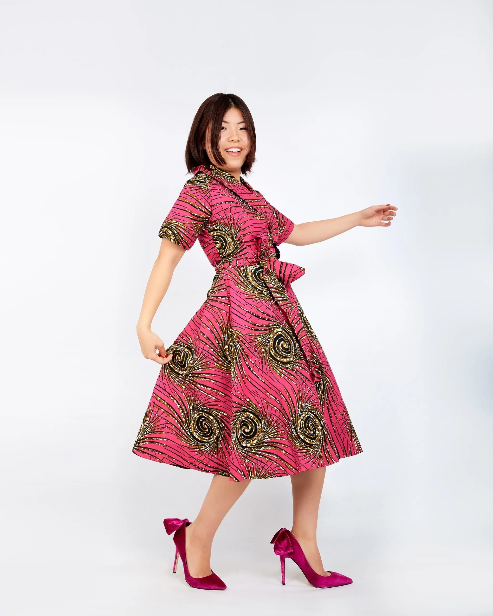 New in African Ankara Print Embellished Wrap Dress -Pink