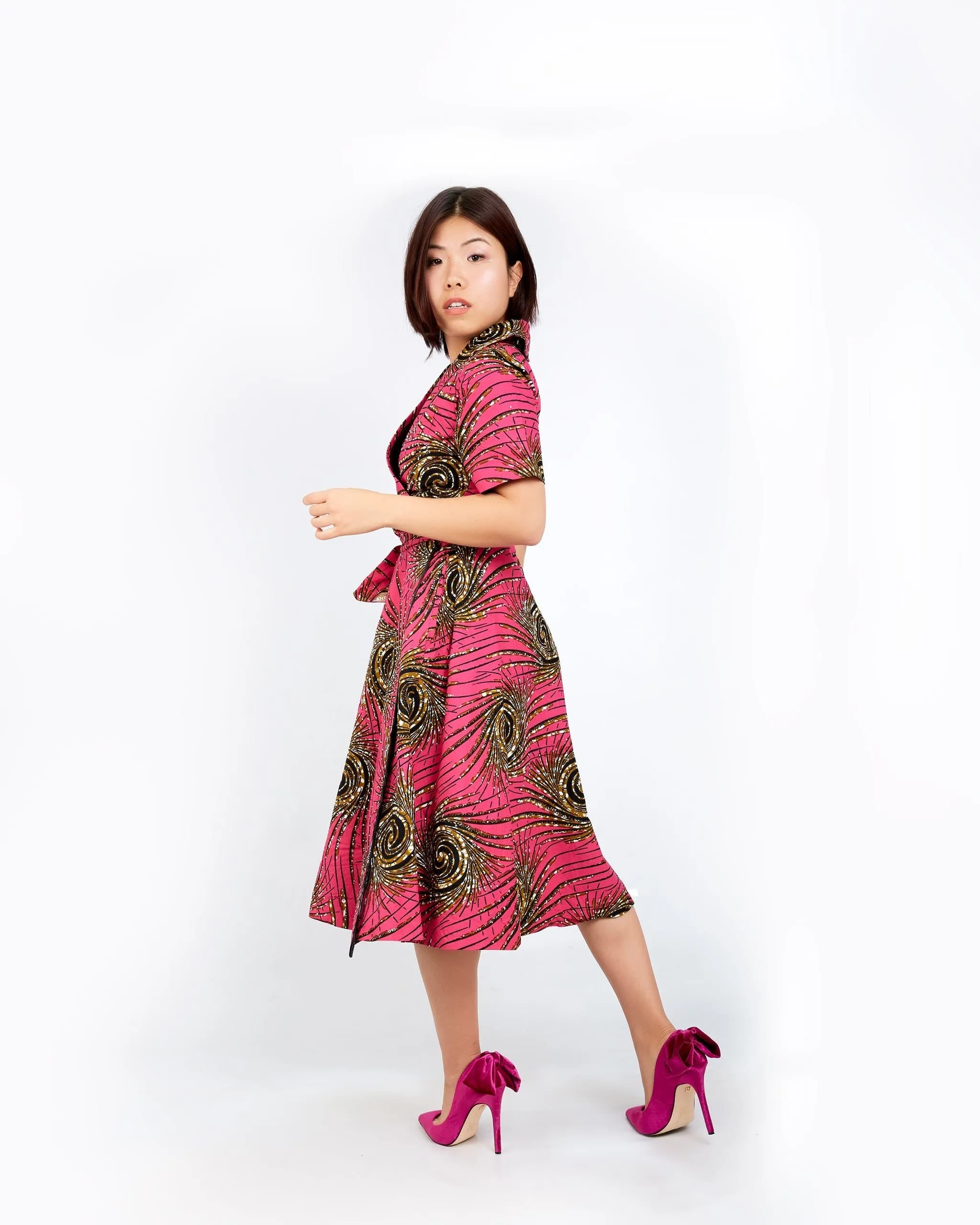 New in African Ankara Print Embellished Wrap Dress -Pink