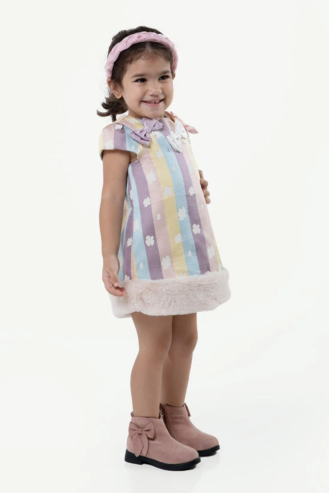 One Friday Varsity Chic Multicolored Stripes and Blooms Dress for Girls