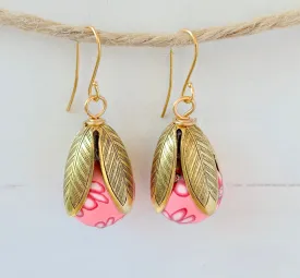 Polymer Clay Flower Bead Cap Earring in Pink & Red