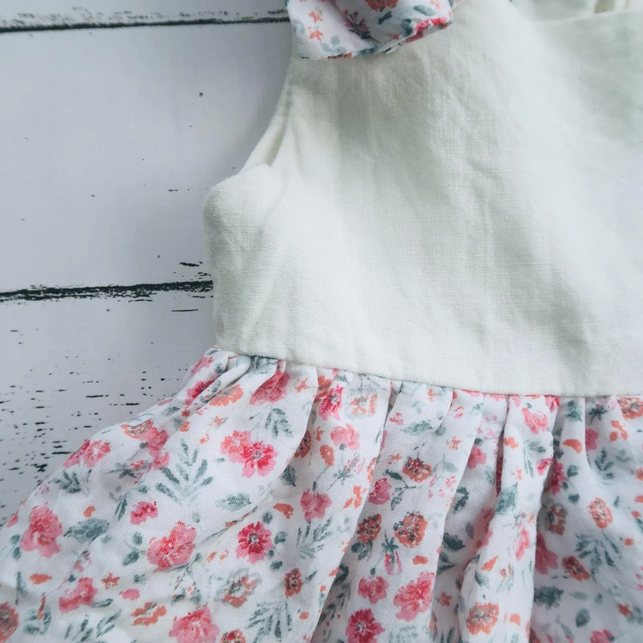 Poppy Ribbon Dress in Soft Pink Flowers and White Linen