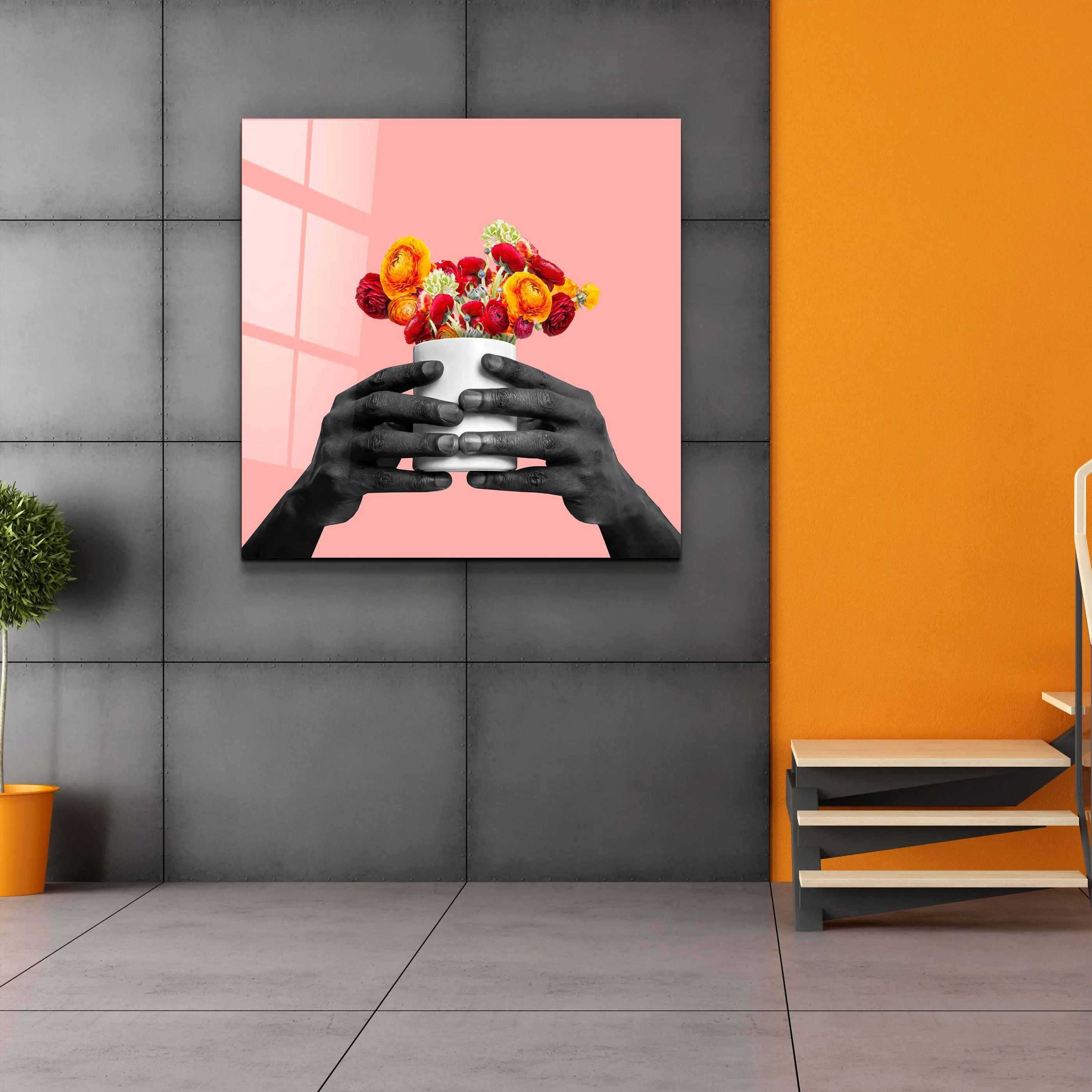 ."Holding the Flower - Pink". Contemporary Collection Glass Wall Art