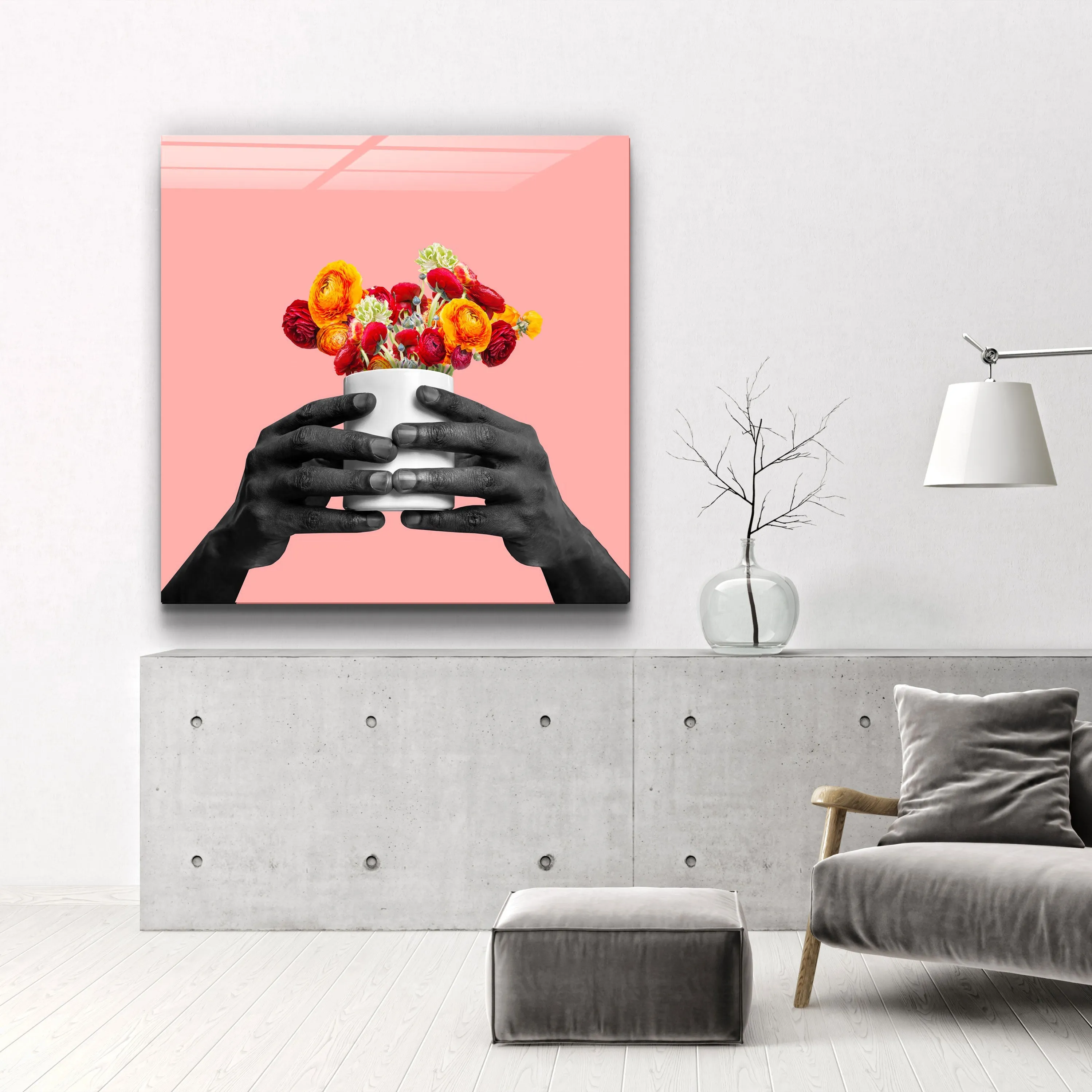 ."Holding the Flower - Pink". Contemporary Collection Glass Wall Art