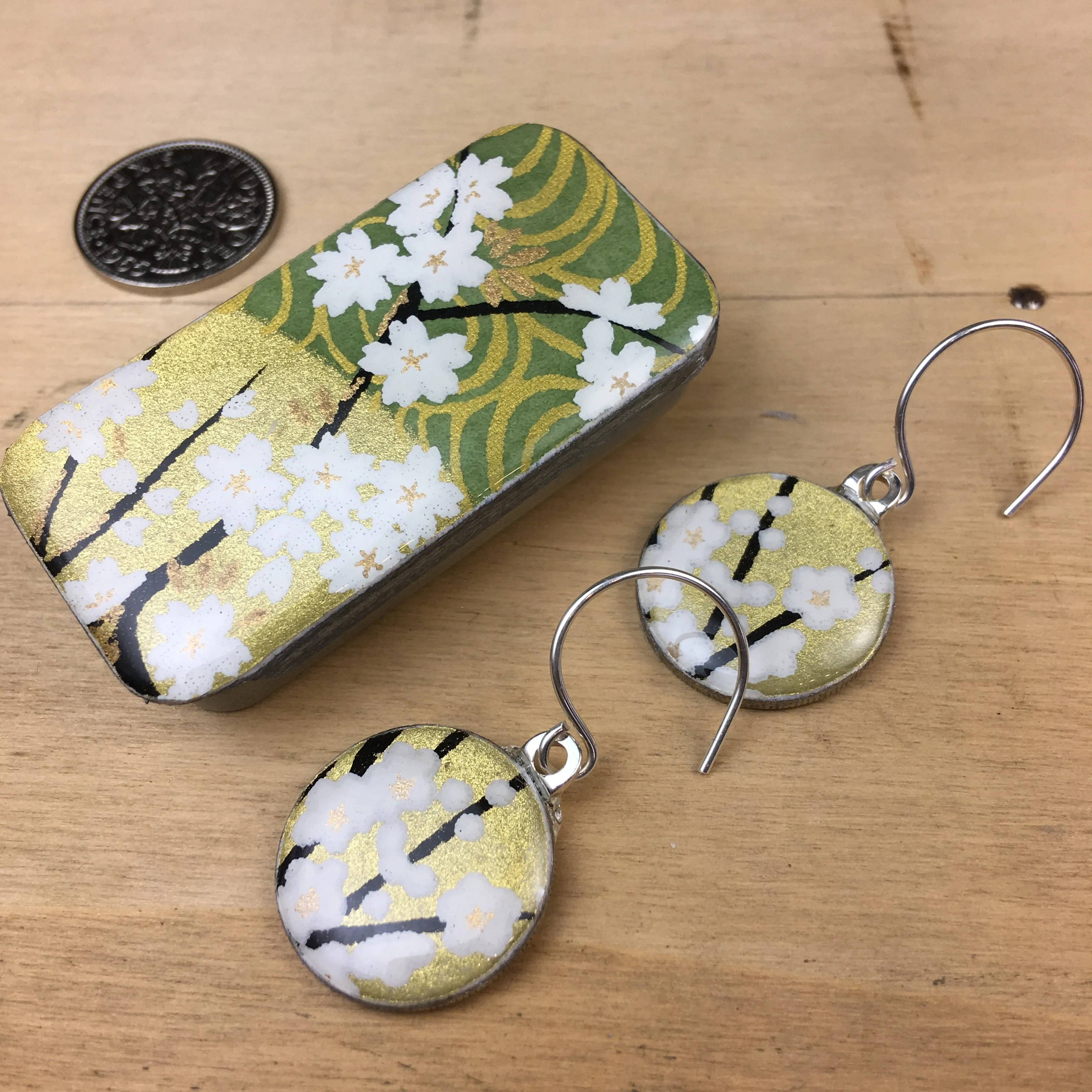 Sixpence Earrings and Teeny Tiny Tin Golden Green