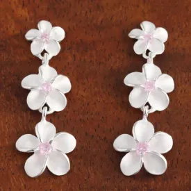 Sterling Silver 8-10-12mm Plumeria with Pink CZ Post Earrings