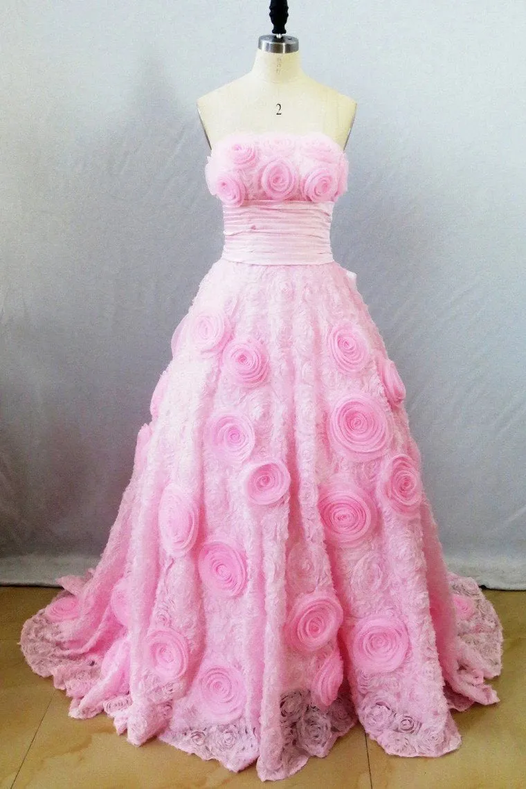 Strapless A Line Prom Dress with Flowers, Unique Pink Sweep Train Party Dresses UQ2615