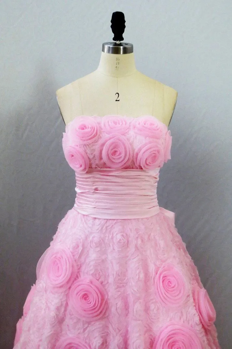 Strapless A Line Prom Dress with Flowers, Unique Pink Sweep Train Party Dresses UQ2615