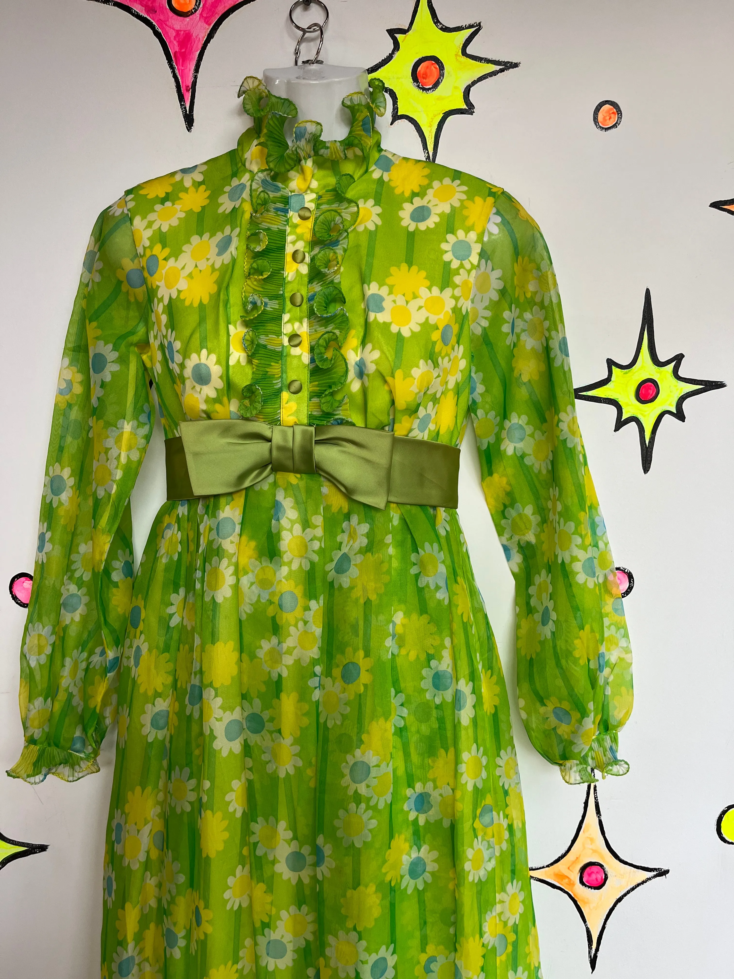 Vintage 1960s 60s | Green Groovy Boho Hippie Flower Power Mod Maxi Dress | XS