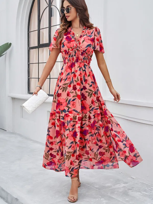 Women's Floral Print Flowy Floor Length Dress With V-Neck And Short Sleeves