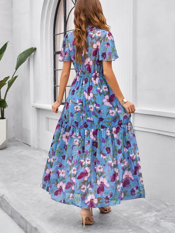 Women's Floral Print Flowy Floor Length Dress With V-Neck And Short Sleeves