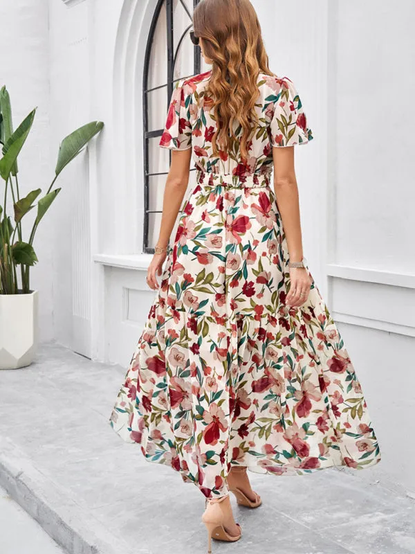 Women's Floral Print Flowy Floor Length Dress With V-Neck And Short Sleeves