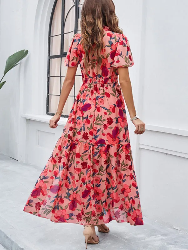 Women's Floral Print Flowy Floor Length Dress With V-Neck And Short Sleeves