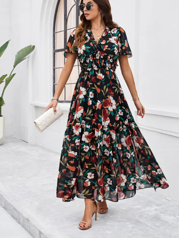 Women's Floral Print Flowy Floor Length Dress With V-Neck And Short Sleeves